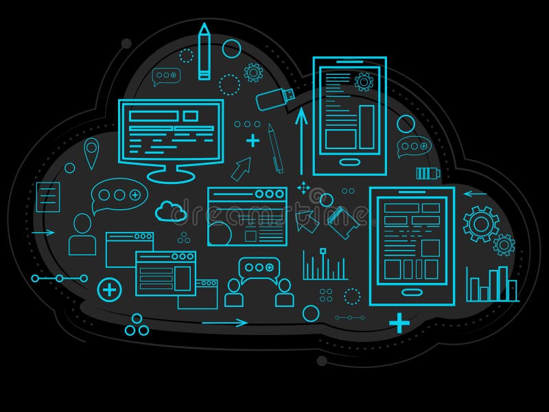 Wolkendaten werden auf dem Server, den Informationen über Leute, den Diagrammen, den Berichten, dem Gedächtnis der Arbeit und den lizenzfreie abbildung Wolkendaten werden auf dem Server, den Informationen über Leute, den Diagrammen, den Berichten, dem Gedächtnis der Arbeit und den lizenzfreie abbildung