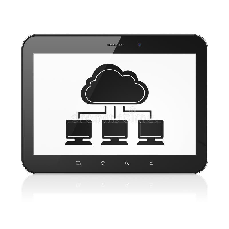 Wolkentechnologiekonzept: Wolken-Netz auf Tabletten-PC-Computer. Wolkentechnologiekonzept: schwarzer Tabletten-PC-Computer mit Wolken-Netzikone auf Anzeige. Moderne tragbare Notenauflage auf weißem Hintergrund, 3d übertragen