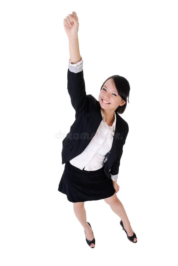 Volunteers business woman raise hand with happy smiling face, full length portrait isolated on white background. Volunteers business woman raise hand with happy smiling face, full length portrait isolated on white background.