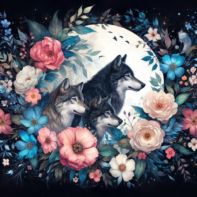 Wolves are nestled amid an array of blooming flowers, under a serene moonlit sky, symbolizing the connection between wild spirit
