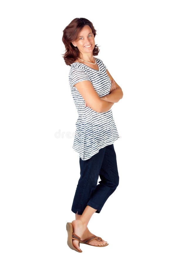 Woman In 30s In Top With Stripes And Jeans Stock Image - Image of ...