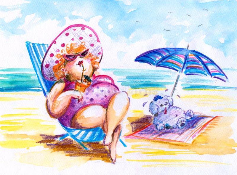 Fat woman with small dog on holidays.Picture I have painted myself with watercolors and colored pencils.