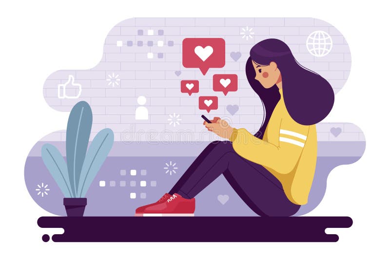 Woman Addicted To Social Media Vector Illustration Stock Illustration