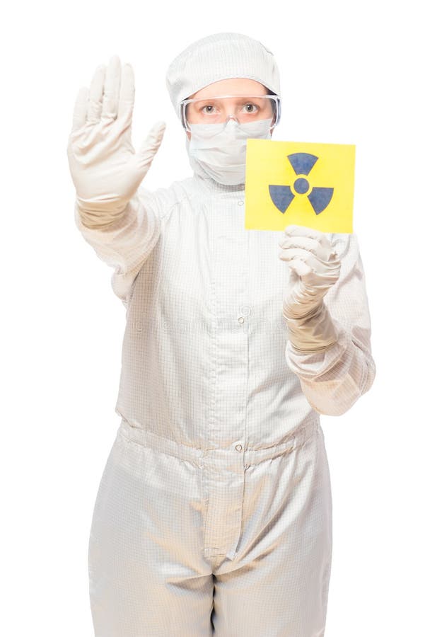 Woman in the Affected Area with Radiation in a Protective Suit Stock