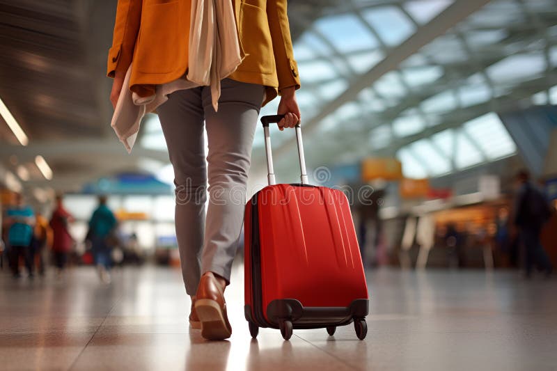 Woman at the airport with a suitcase stock illustration