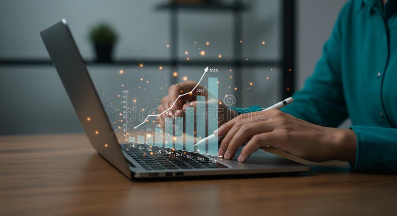 Woman Analyzing Business Growth Chart on Laptop, Future Financial Success, Data Analytics, Strategic Planning royalty free stock photography