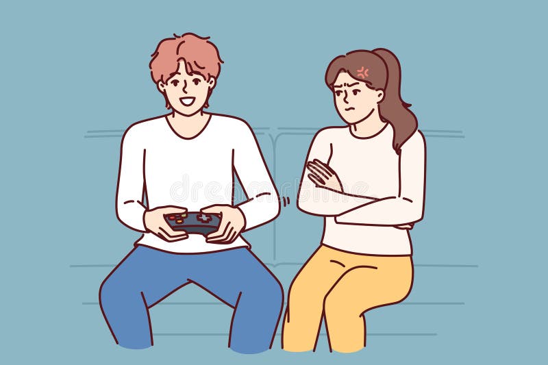 Woman is angry at husband who plays video game and does not want to do housework. Disgruntled girl sits on couch near boyfriend who is keen on video game, persuading him to go for walk