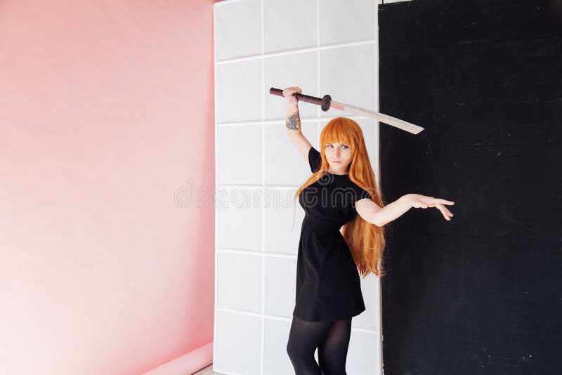 Woman anime with red hair with Japanese sword. Woman anime with red hair with Japanese sword