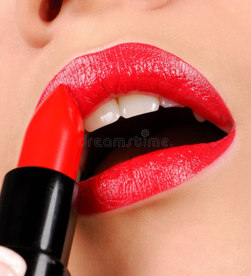Applying Lipstick Using Lip Concealer Brush Stock Photo Image of