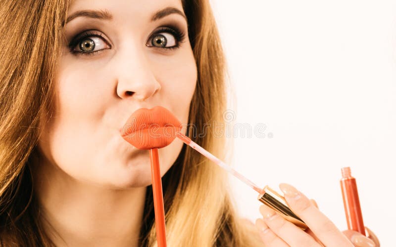 Woman Applying Lipstick Or Lip Gloss Stock Image Image Of Beauty Cosmetic 240855837