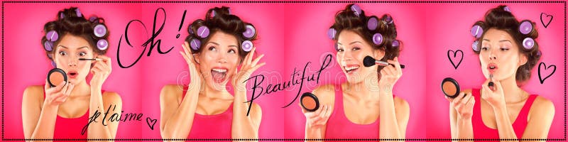 Woman applying makeup, lipstick, mascara, blush stock photo Woman applying makeup, lipstick, mascara, blush stock photo