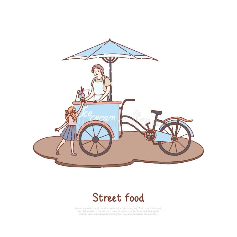 Woman in apron selling sweet dessert, vendor and little child, delicious dairy, summer refreshment, street food banner vector illustration Woman in apron selling sweet dessert, vendor and little child, delicious dairy, summer refreshment, street food banner vector illustration