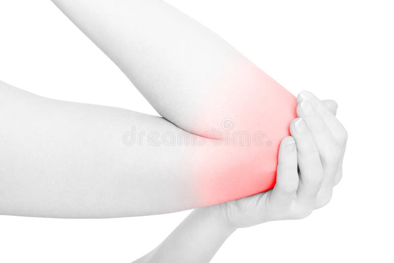 Woman arm with elbow pain red area and hand on white