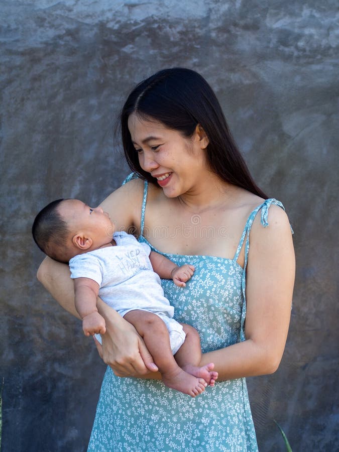 Woman and Baby Asian and Nationality Thai is Happy Feel Stock Image ...