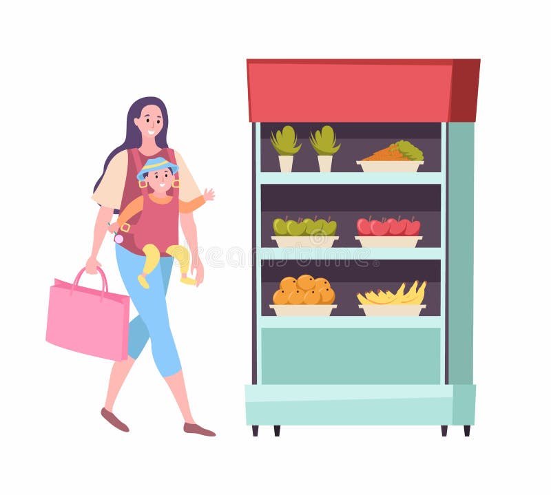Mother Carrying Baby, Shopping Woman at Market royalty free illustration Mother Carrying Baby, Shopping Woman at Market royalty free illustration