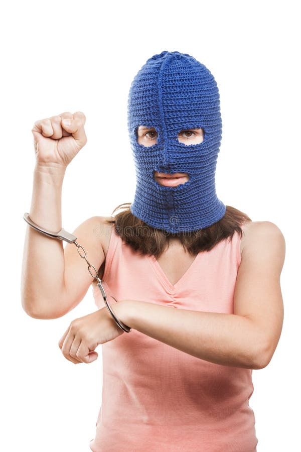Woman in Balaclava Showing Handcuffs on Hands Stock Photo Image of