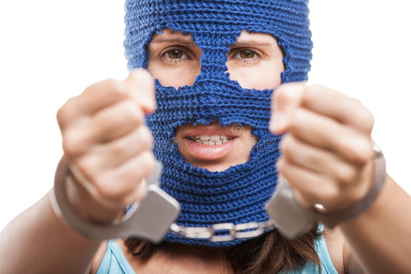 Woman in Balaclava Showing Handcuffs on Hands Stock Image Image of