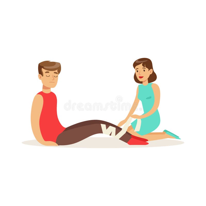 Woman bandaging the leg of the injured man, first aid vector Illustration stock illustration Woman bandaging the leg of the injured man, first aid vector Illustration stock illustration