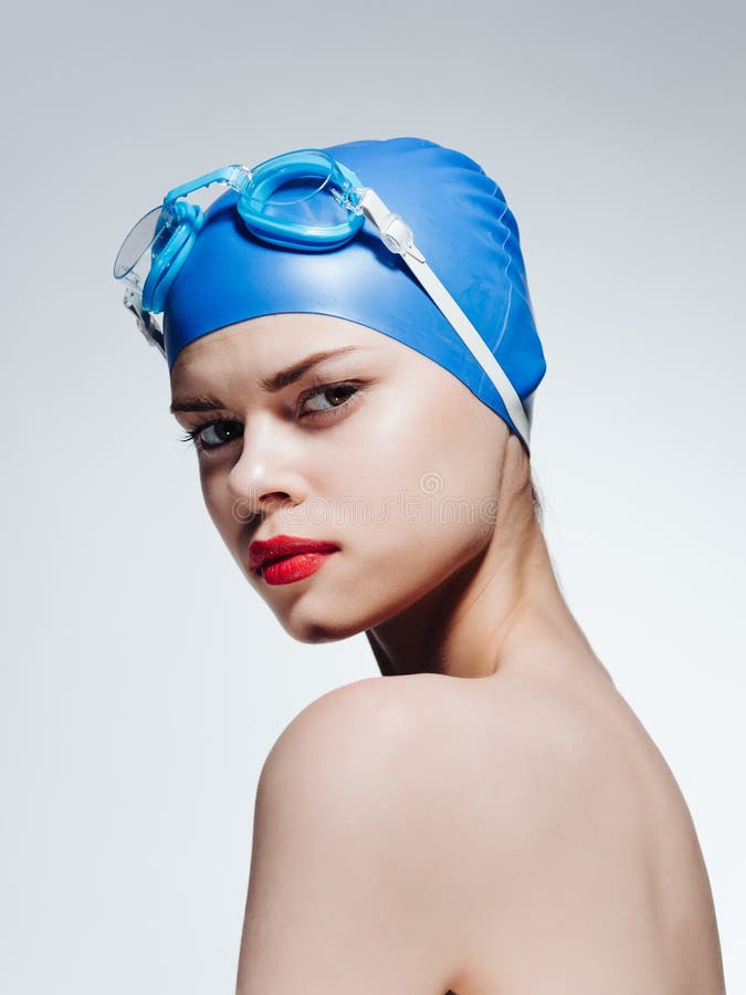 Woman With Bare Shoulders Swimming Cap Red Lips Posing Sports Stock