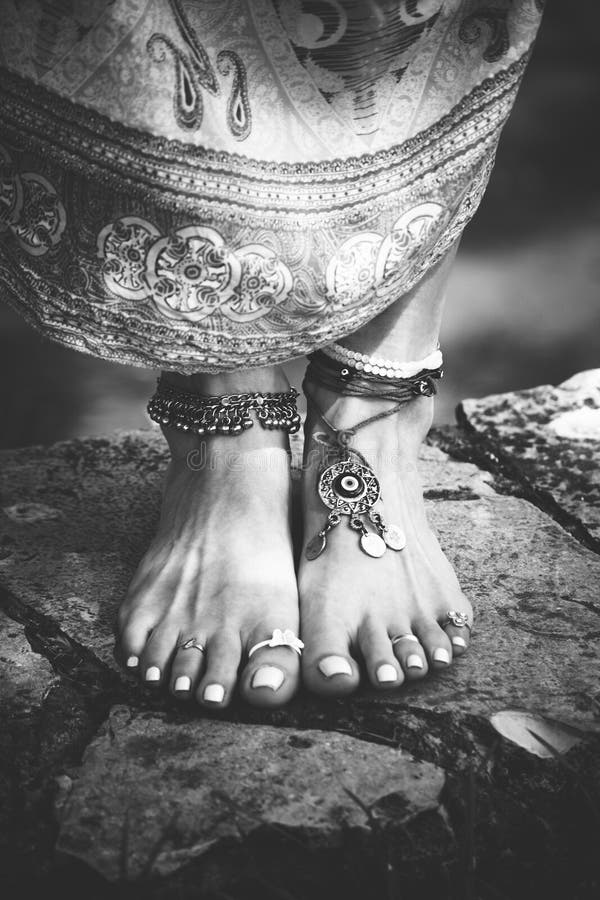 Woman Barefoot Boho Summer Fashion Style Jewelry Stock Image - Image of ...