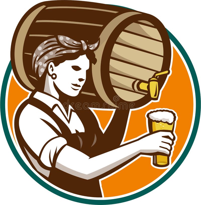 Woman Bartender Pouring Keg Barrel Beer Retro stock illustration Woman Bartender Pouring Keg Barrel Beer Retro stock illustration
