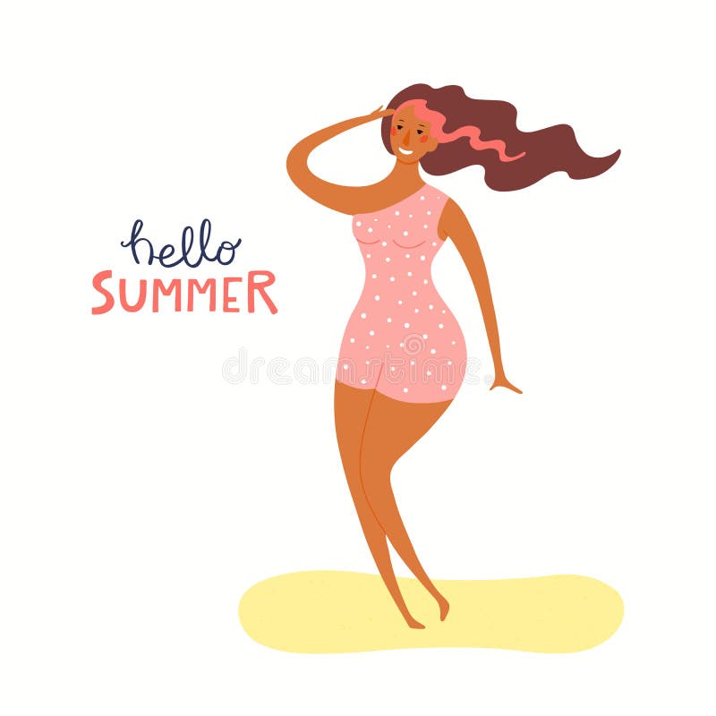 Hand drawn vector illustration of a happy woman on the beach dancing, with lettering quote Hello Summer. Isolated objects on white background. Flat style design. Concept, element for poster, banner. Hand drawn vector illustration of a happy woman on the beach dancing, with lettering quote Hello Summer. Isolated objects on white background. Flat style design. Concept, element for poster, banner