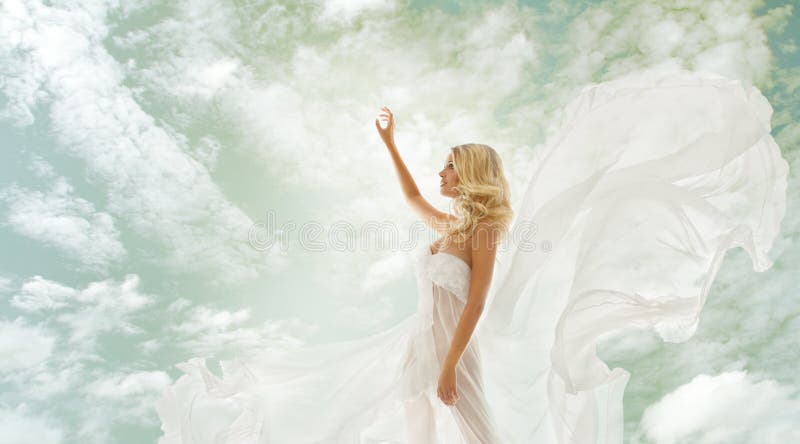 Woman beauty, girl in fluttering dress over sky royalty free stock images Woman beauty, girl in fluttering dress over sky royalty free stock images