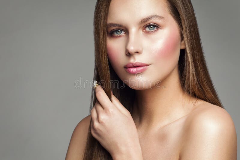 Woman Beauty Make Up, Beautiful Fashion Model Natural Wet Face Makeup, studio portrait on gray background