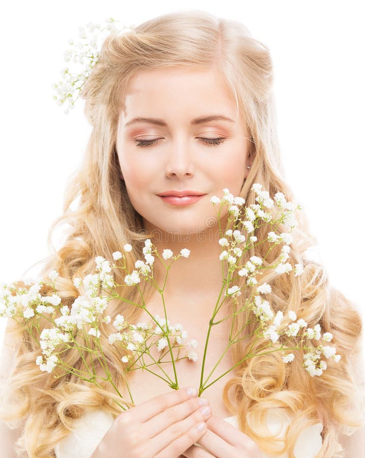 Woman Beauty Portrait with White Flowers, Young Model Face Hair Care, Happy Dreaming Girl on White
