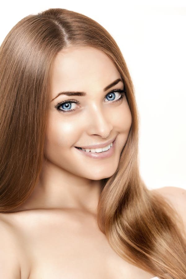 Woman beauty smiling face on white background. Girl close up portrait with healthy teeth. Fashion model with beautiful neck in s stock image Woman beauty smiling face on white background. Girl close up portrait with healthy teeth. Fashion model with beautiful neck in s stock image