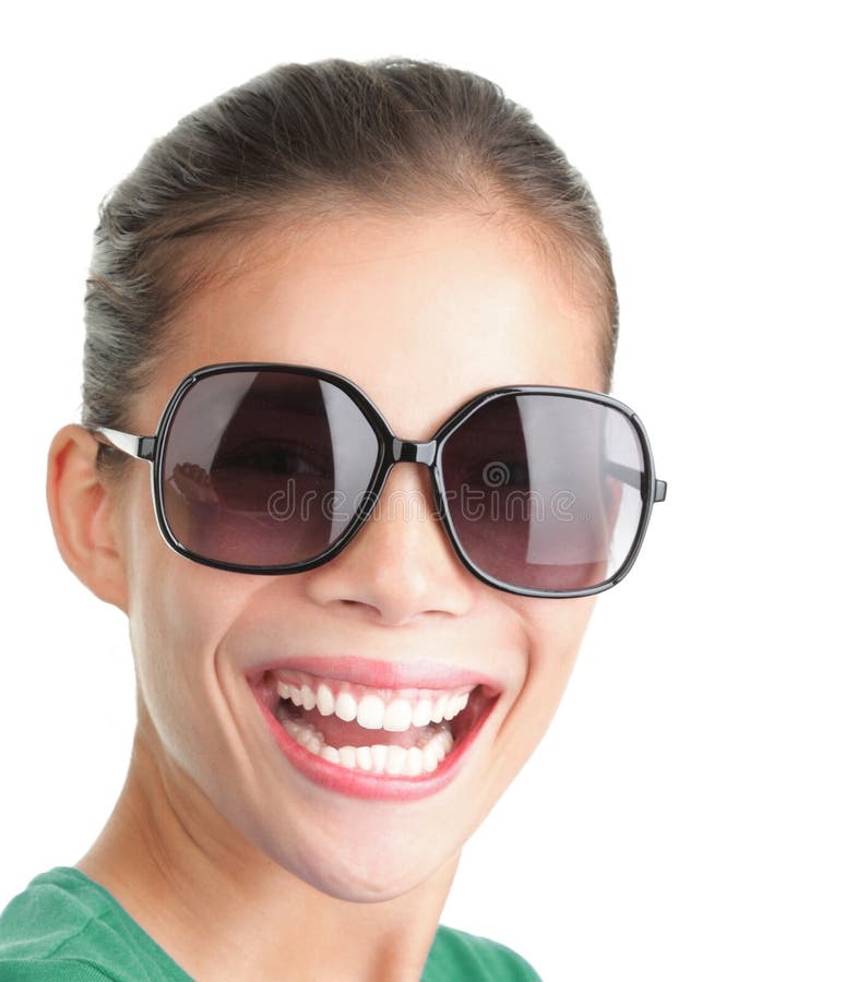 Woman with Big Sunglasses Smiling and Laughing Stock Photo Image of