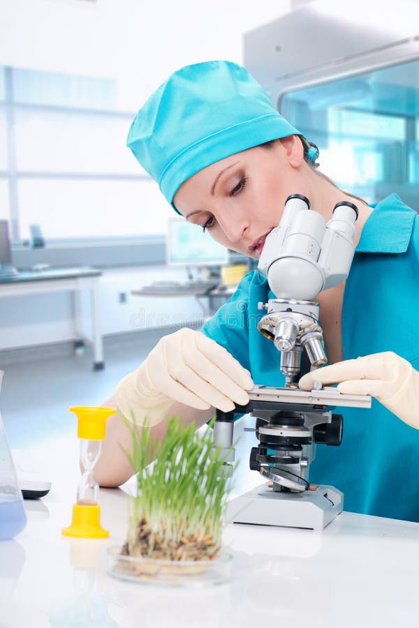Woman biologist working with microscope stock photography