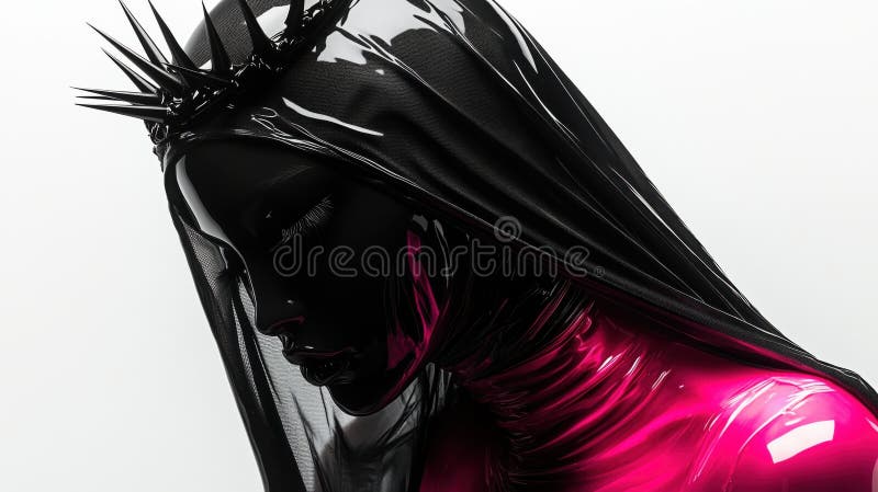 Woman with black crown and veil in pink latex outfit. vector illustration