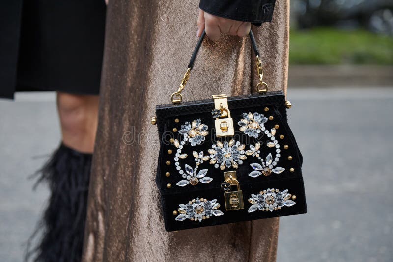 Woman with Black Dolce and Gabbana Bag with Gems Decoration and Golden  Skirt before Alberta Ferretti Fashion Editorial Image - Image of stylish,  metallic: 194555035