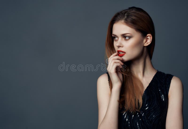 Woman in Black Dress Red Lips Posing Luxury Passion Attractive Look ...