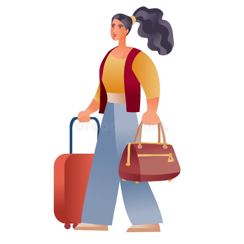 Woman with Black Hair Carries a Suitcase on Wheels and Holds a Hand Bag ...