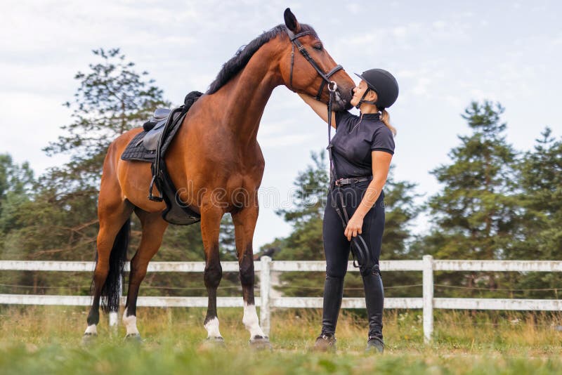 Woman with a black helmet stroking a chestnut horse head, close up shot