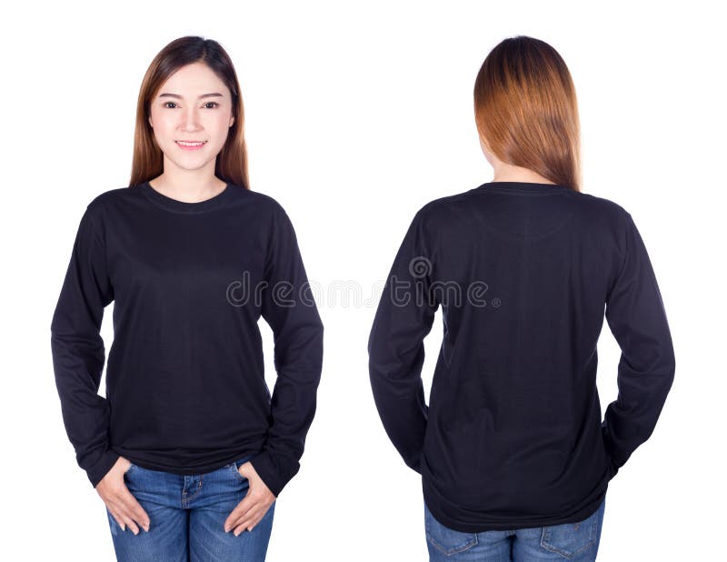 Woman in black long sleeve t-shirt isolated on white background