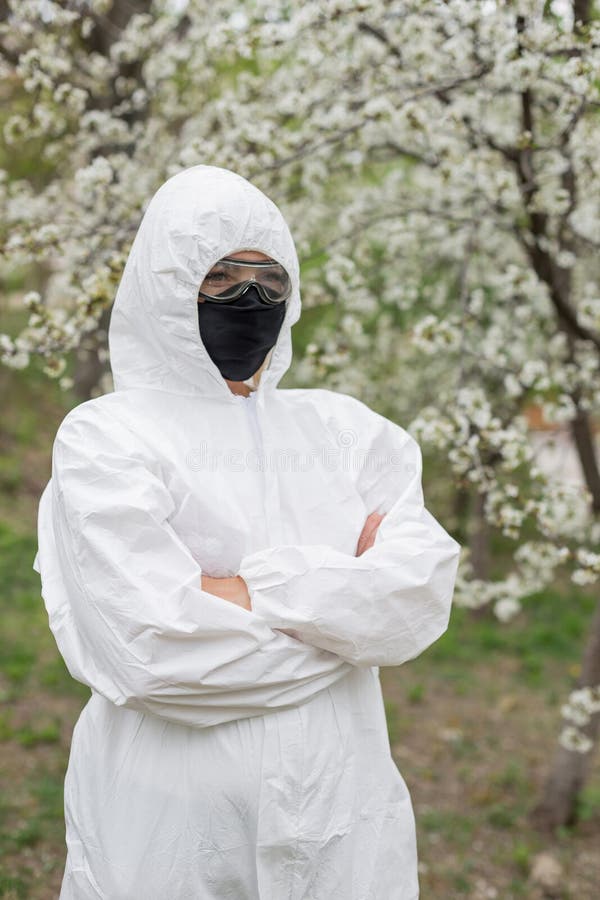 Woman in Black Mask, White Protective Suit Stock Photo Image of suit