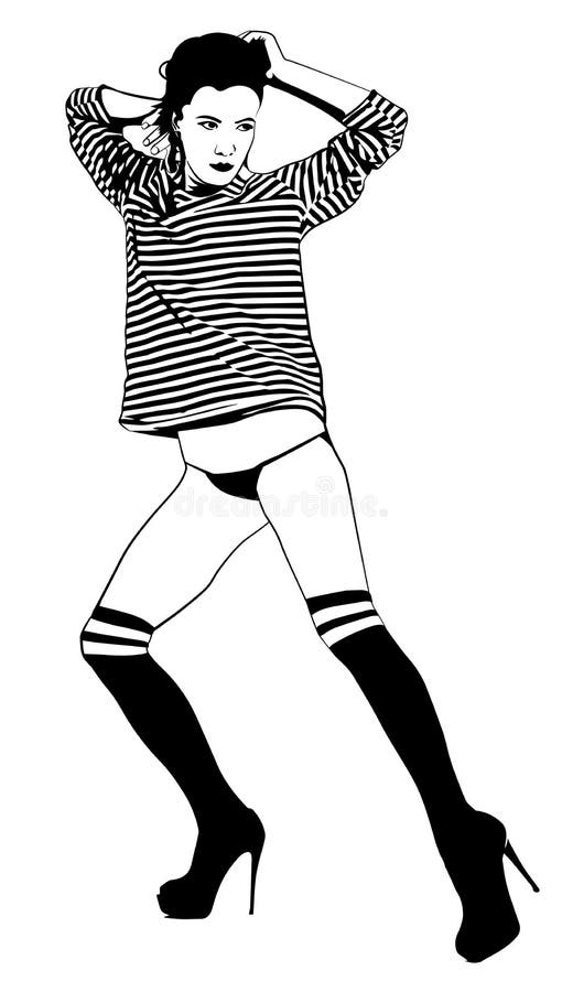 Girl With Long Hair And In Striped T-shirt, Portrait Of 