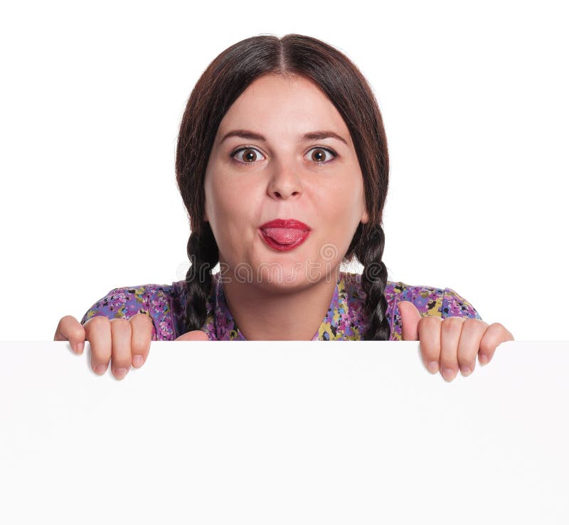 Portrait of a beautiful young woman with a blank billboard on white background