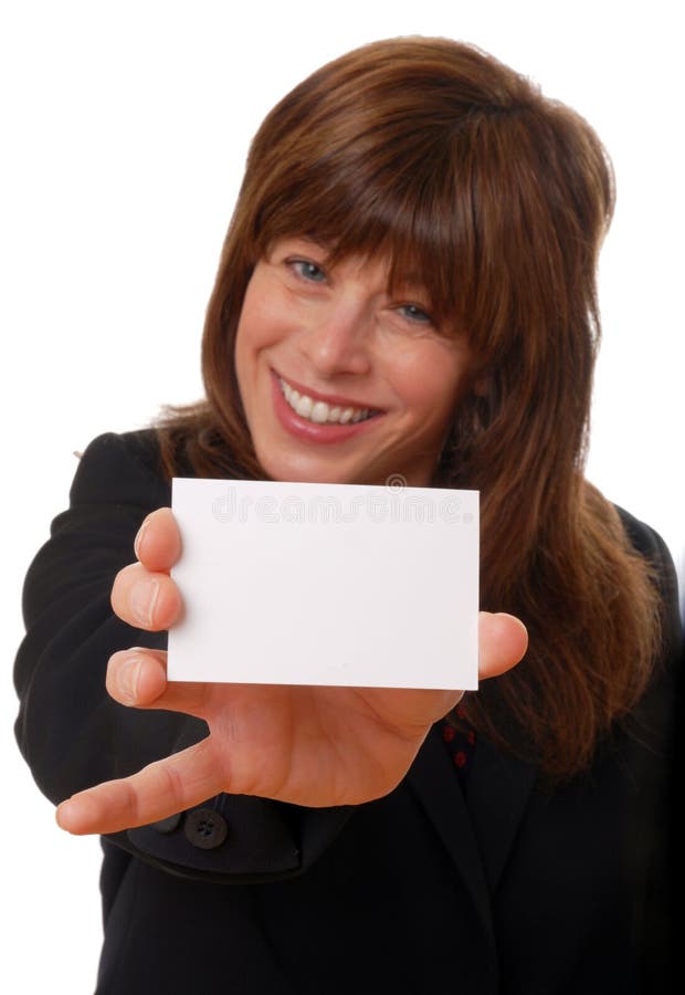 Woman with blank business card, space for text