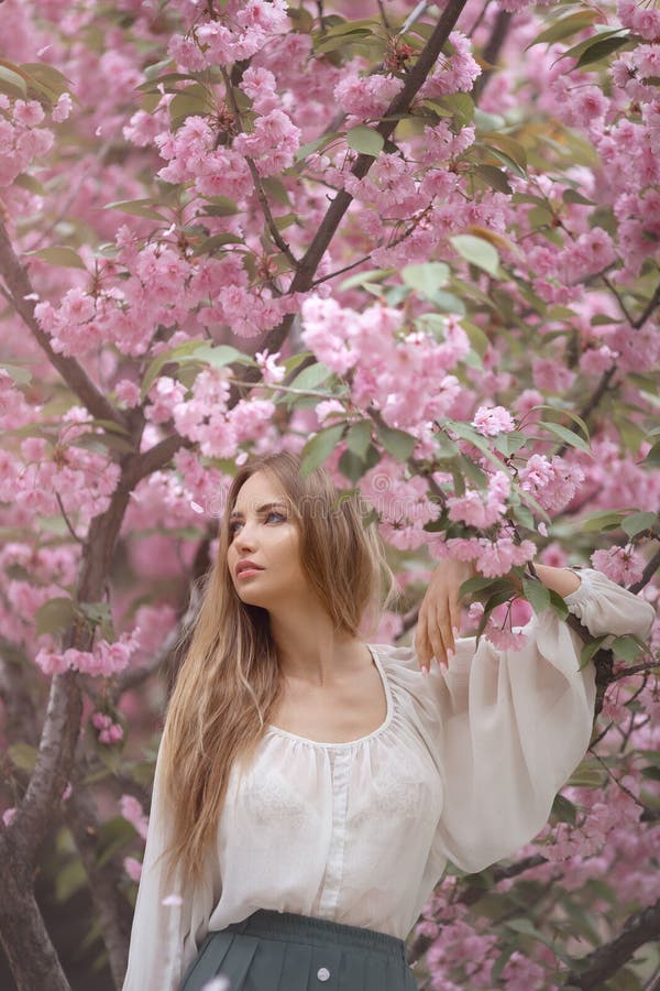 Woman at Blossoming Sakura Tree on Nature Stock Photo - Image of beauty ...