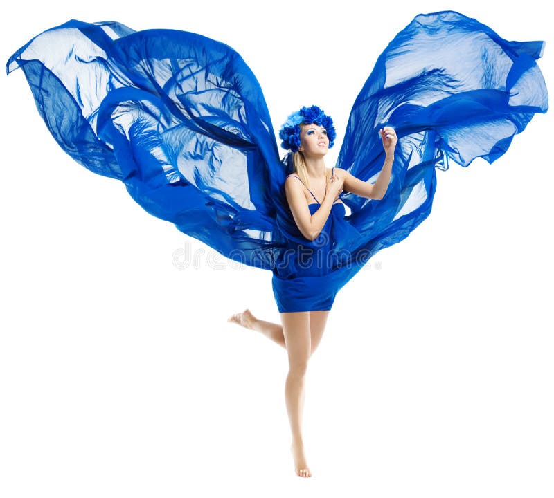 Woman in blue dress wings, waving fluttering fabri