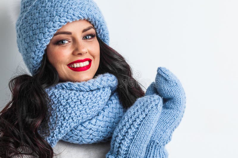 Woman in blue winter hat stock image. Image of portrait - 259187581