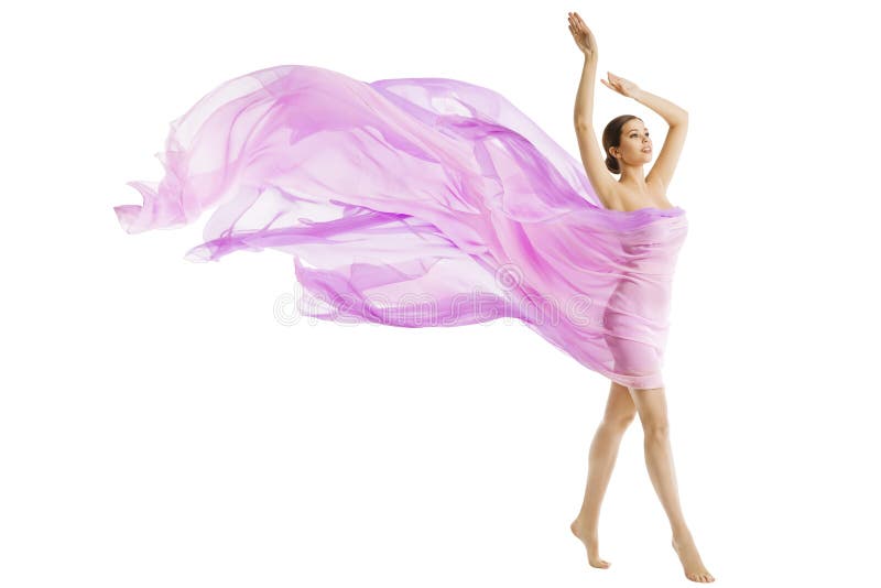Woman Body Beauty, Model Dressed in Silk Pink Flying Fabric