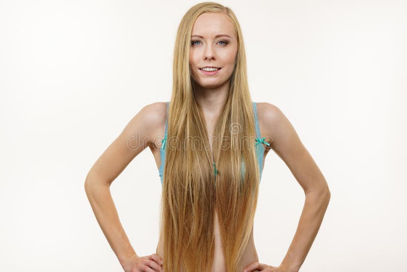 young girl with long hair and small breasts. Free place. Horizontal banner  for the site Stock Photo