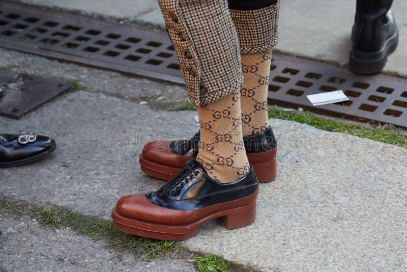 Woman with Brown and Black Shoes and Beige Gucci Socks before Marni Fashion  Show, Milan Fashion Editorial Stock Photo - Image of brown, style: 194034553