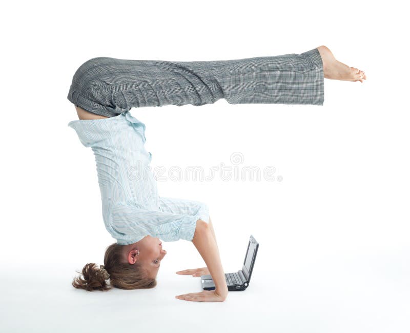 Woman browsing in unusual pose