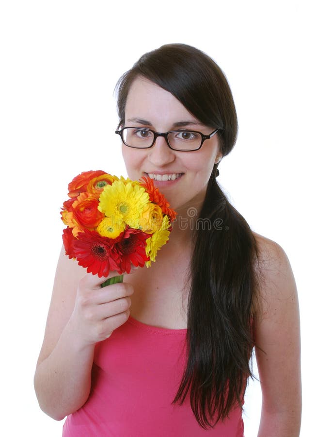 Smiling woman with a bunch of flowers ,isolated on white.